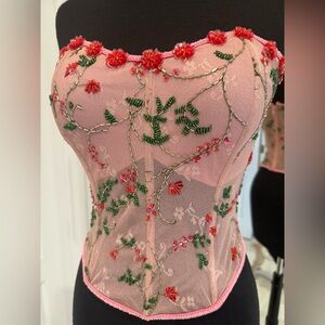 Pink Floral hand beaded Attitudes by Debra Embroidered Corset